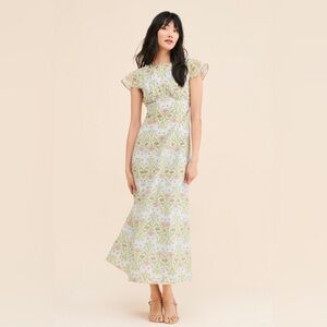 Floral Midi Dress in Green and White